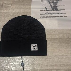 Louis Vuitton Black Knit Beanie with White Logo Patch